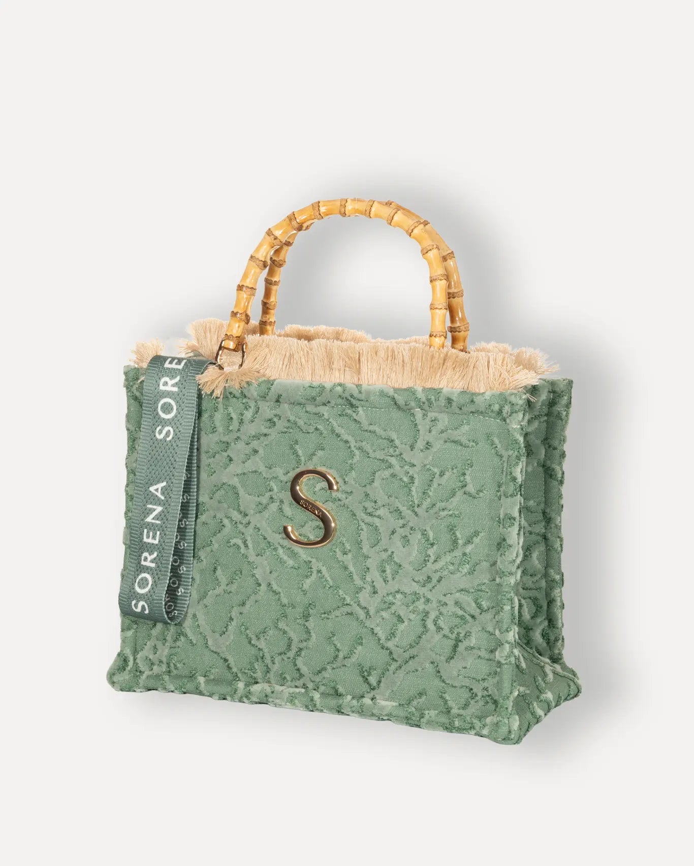 Linke Seite Esmeralda Medium Tote Bag Sorena Greece, Smaragdgrün Saphirblau Gewebe mittelgroßer Shopper breite Griffe handgefertigt.