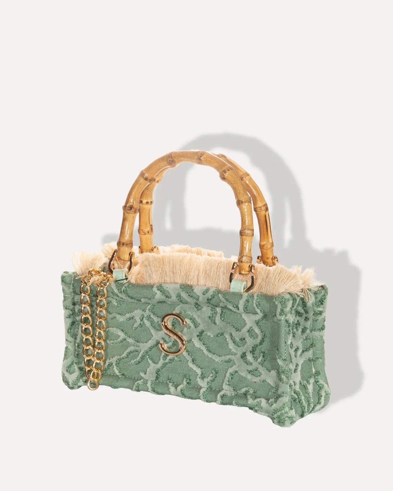 Linke Seite Esmeralda Mini Bamboo Tote Bag Sorena Greece, natürlicher Bambusgriff honiggelb poliert Smaragdgrün Gewebe kompakt