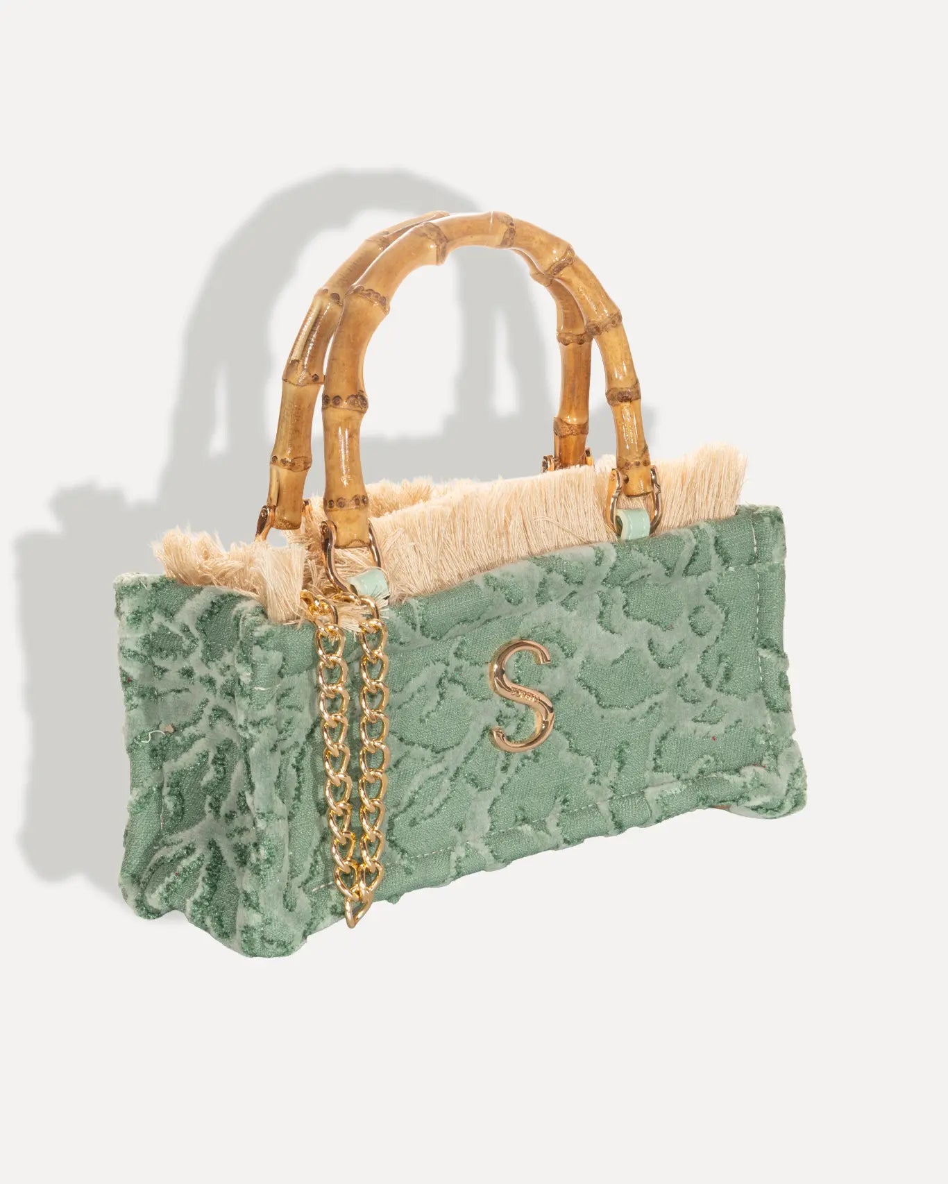 Rechte Seite Esmeralda Mini Bamboo Tote Bag Sorena Greece, mini Shopper Bamboo Griff Smaragdgrün Saphirblau Töne handgefertigt