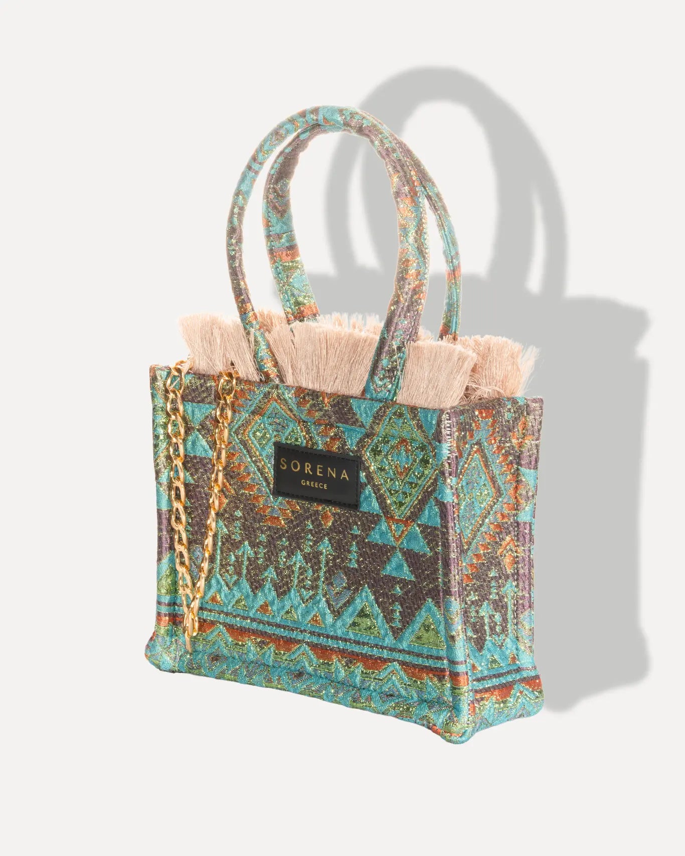 Linke Seite Fegarada Mini Tote Bag Sorena Greece, kleine mondnacht Stimmung Tasche, gedämpfte Farben handgefertigt kompakt