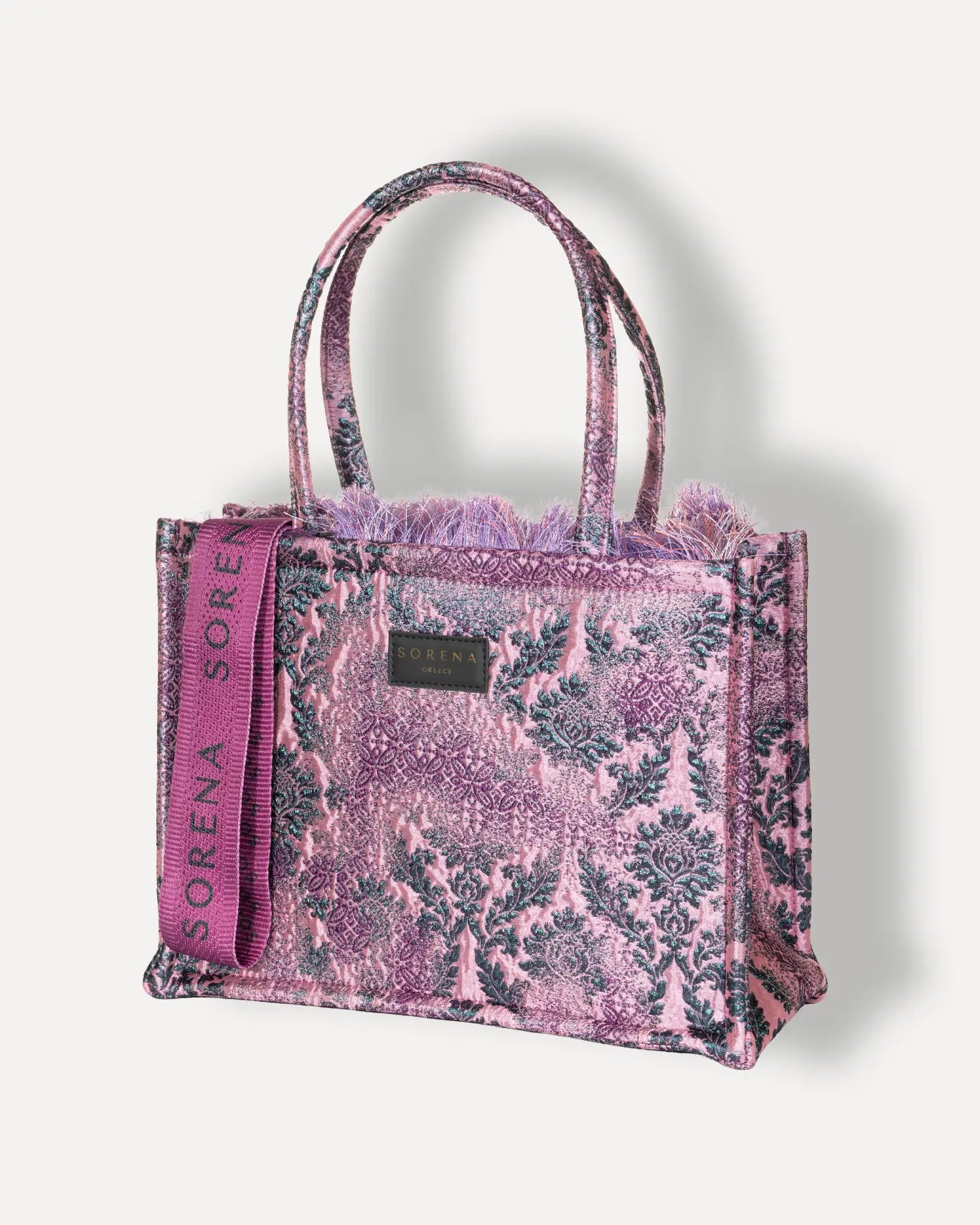 Linke Seite Fragosyko Medium Tote Bag Sorena Greece, Damask Jacquard Muster handgefertigt breite Griffe mittelgroßer Shopper.