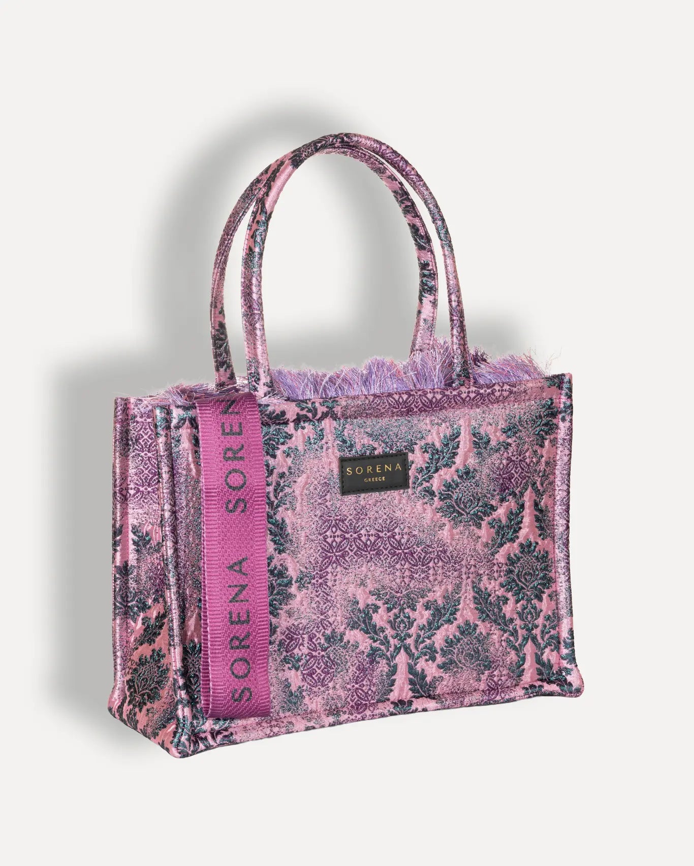 Rechte Seite Fragosyko Medium Tote Bag Sorena Greece, Damask Jacquard strukturiertes Gewebe handgefertigter Shopper Griechenland.