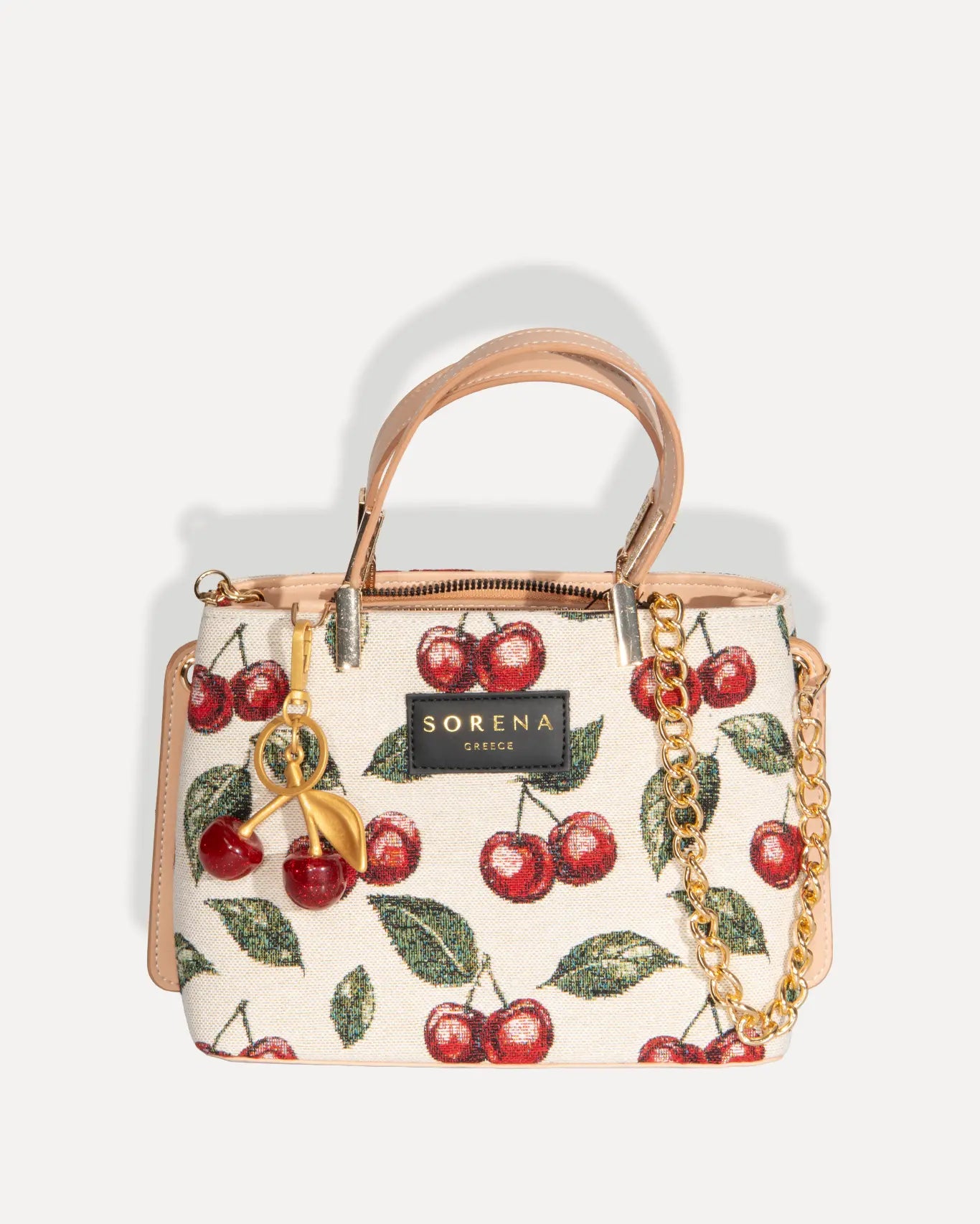 Sorena Greece Galleria Bag Cherry Edition kirschroter Jacquard Canvas Abend und Freizeittasche handgefertigt Griechenland Cycladitissa