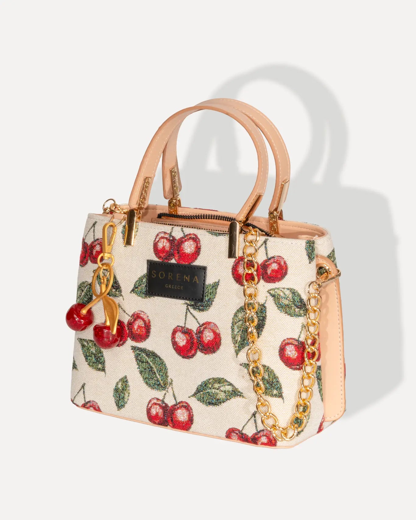 Linke Seite Galleria Bag Cherry Edition Sorena Greece, Jacquard Canvas Kirschrot Galleria Form goldfarbene Details