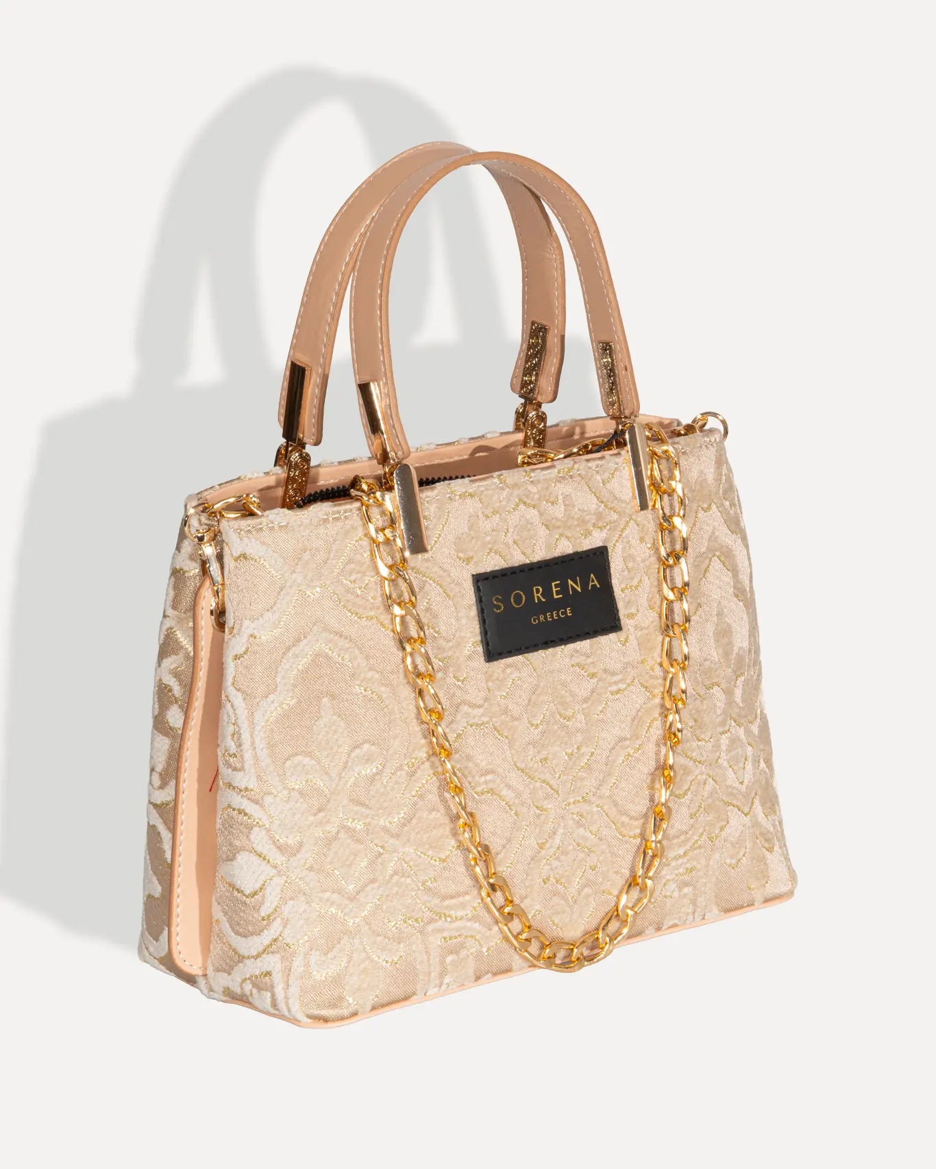 Rechte Seite Galleria Bag Theros Edition Sorena Greece, Goldfarbene Kette Griffe handgefertigte Qualität Theros Design