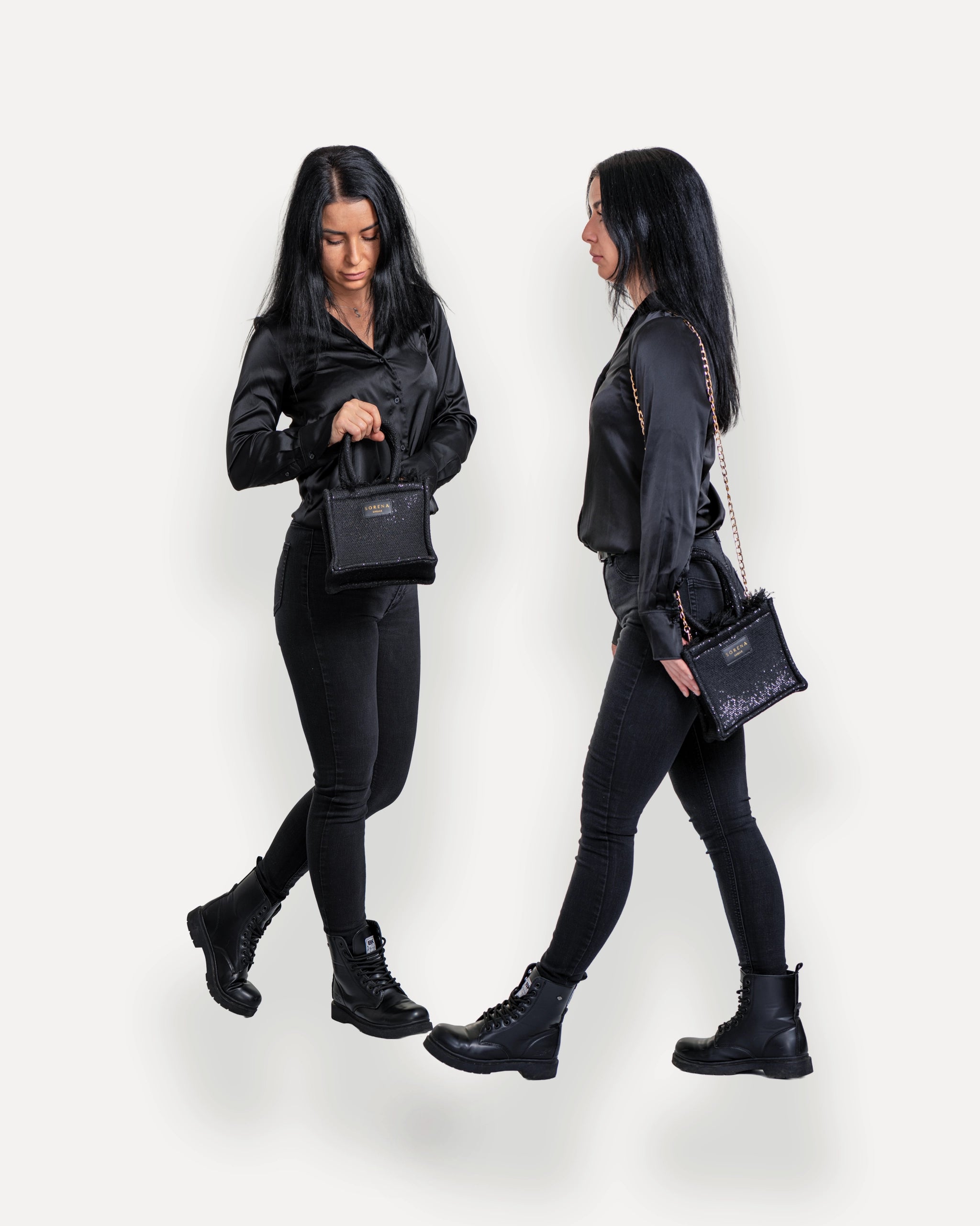 Sorena Greece Mini Bag in zentraler Pose – handgemachte mini tote bag mit goldener Kette, crossbody bag für Damen, perfekte kleine handtasche für Dinner & City, sorena greece bag kaufen schweiz.