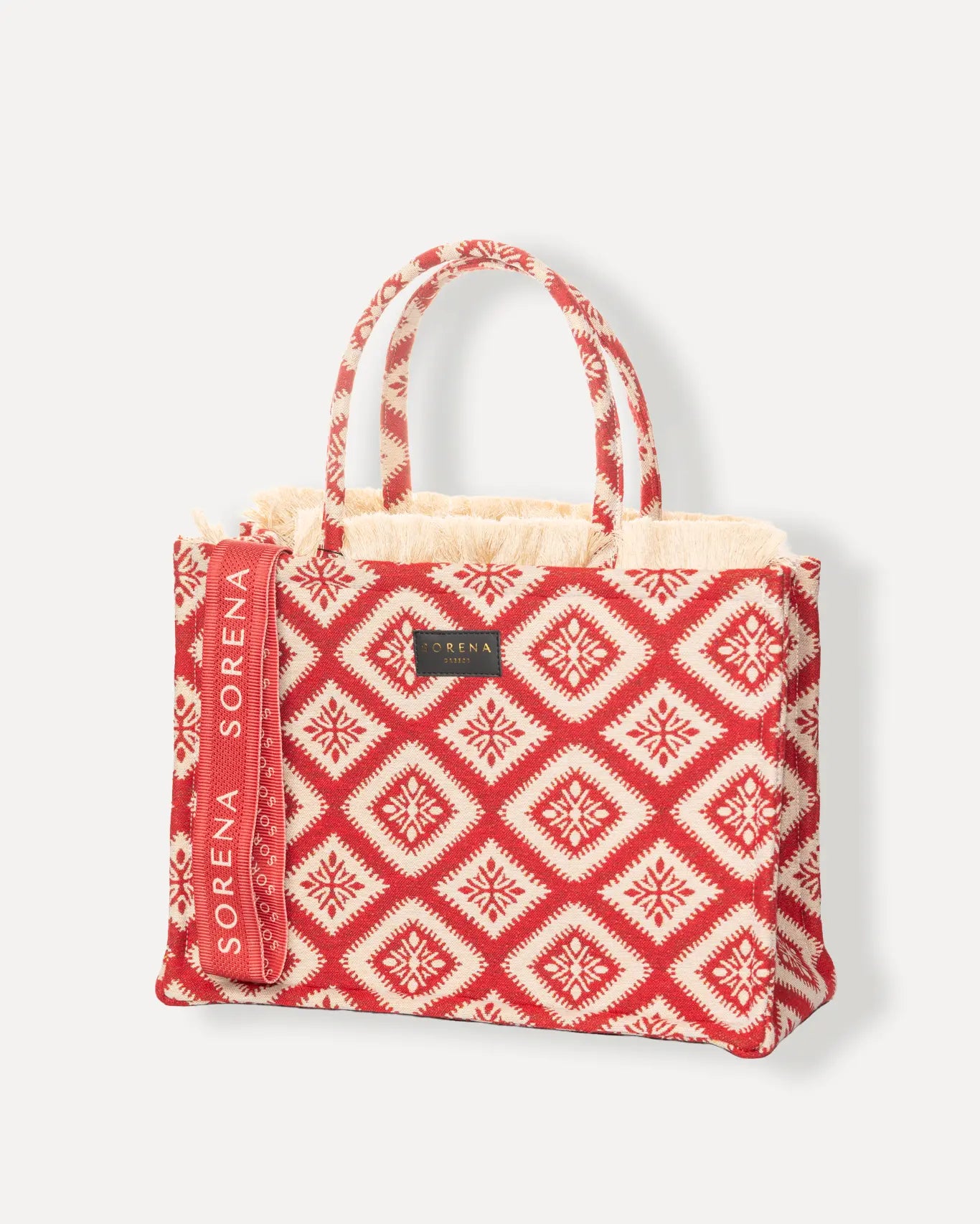 Linke Seite Kalokairaki Large Tote Bag Sorena Greece, leuchtendes Karmesinrot Jacquard auf Ivory Hintergrund, großer Shopper handgefertigt.