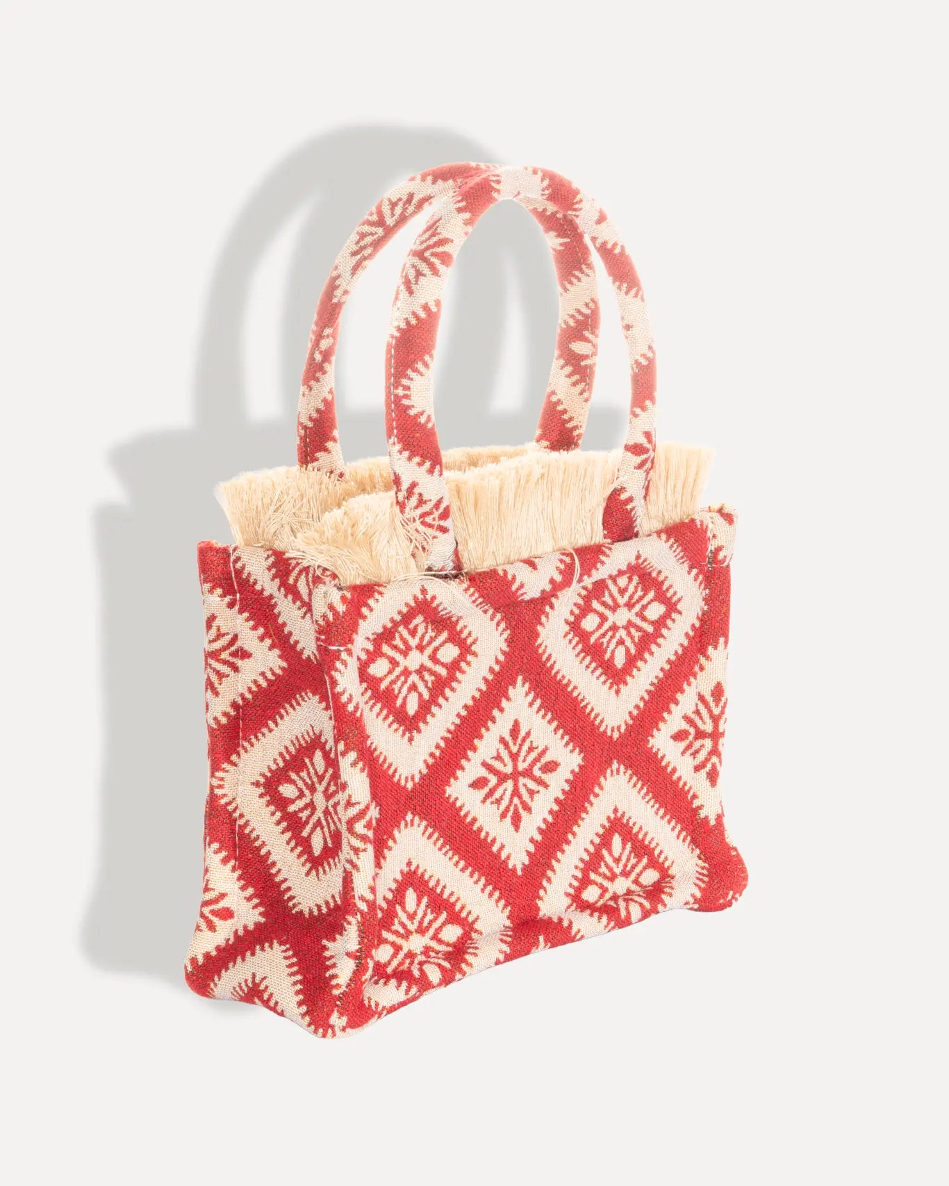 Rückseite Kalokairaki Mini Tote Bag Sorena Greece, roter Jacquard handgefertigt Griechenland saubere Verarbeitung