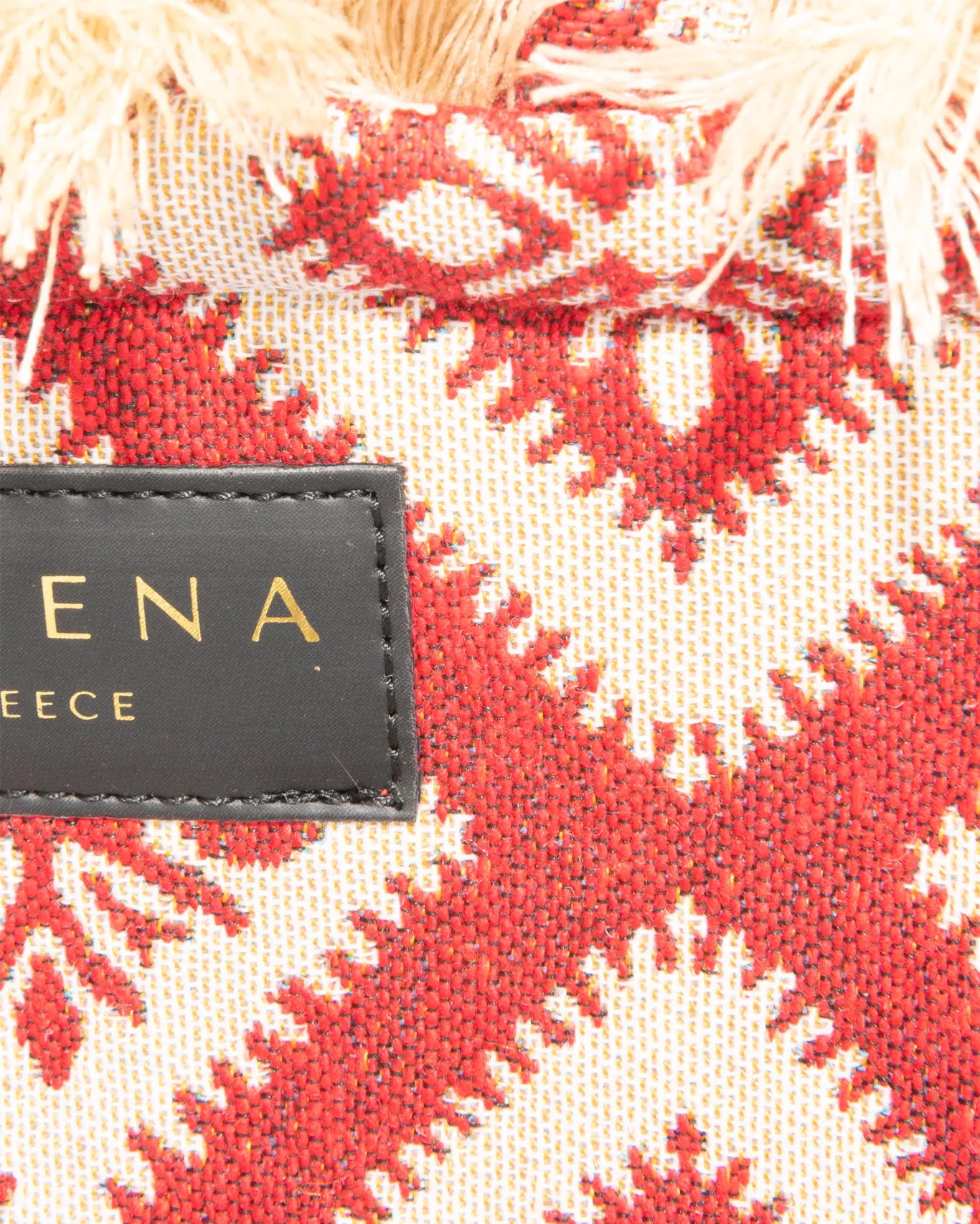 Nahaufnahme Kalokairaki Mini Tote Sorena Greece, Jacquard Rot Ivory Stern Muster Detailansicht handgewebtes Gewebe