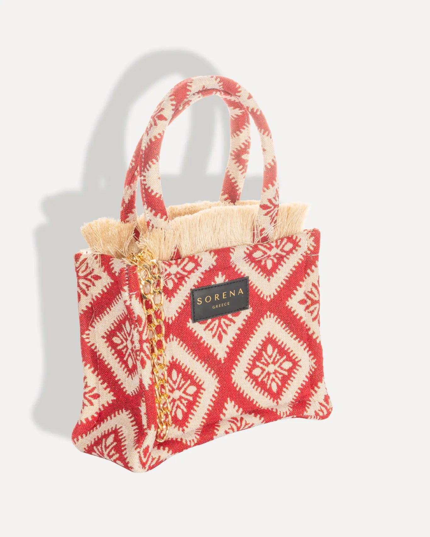 Rechte Seite Kalokairaki Mini Tote Bag Sorena Greece, leuchtend rotes Jacquard auf hellem Grund, kleine Sommertasche Cycladen