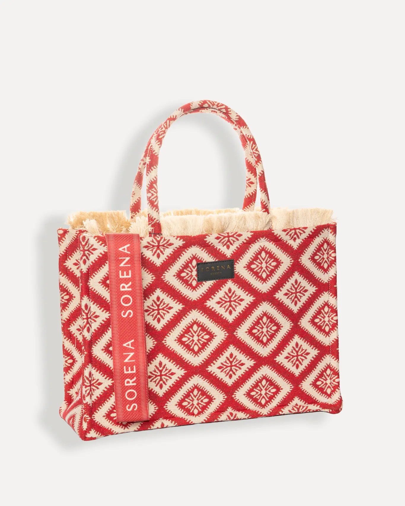 Rechte Seite Kalokairaki Large Tote Bag Sorena Greece, kräftiges Rot Ivory Jacquard Muster, Sommertasche griechisches Handwerk