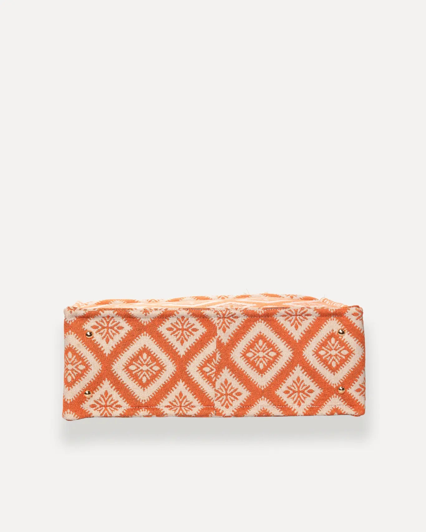 Bodenansicht Kasteli Large Tote Bag Sorena Greece, stabiler Jacquard Boden in Orange Ivory, robuste Unterseite handgefertigt