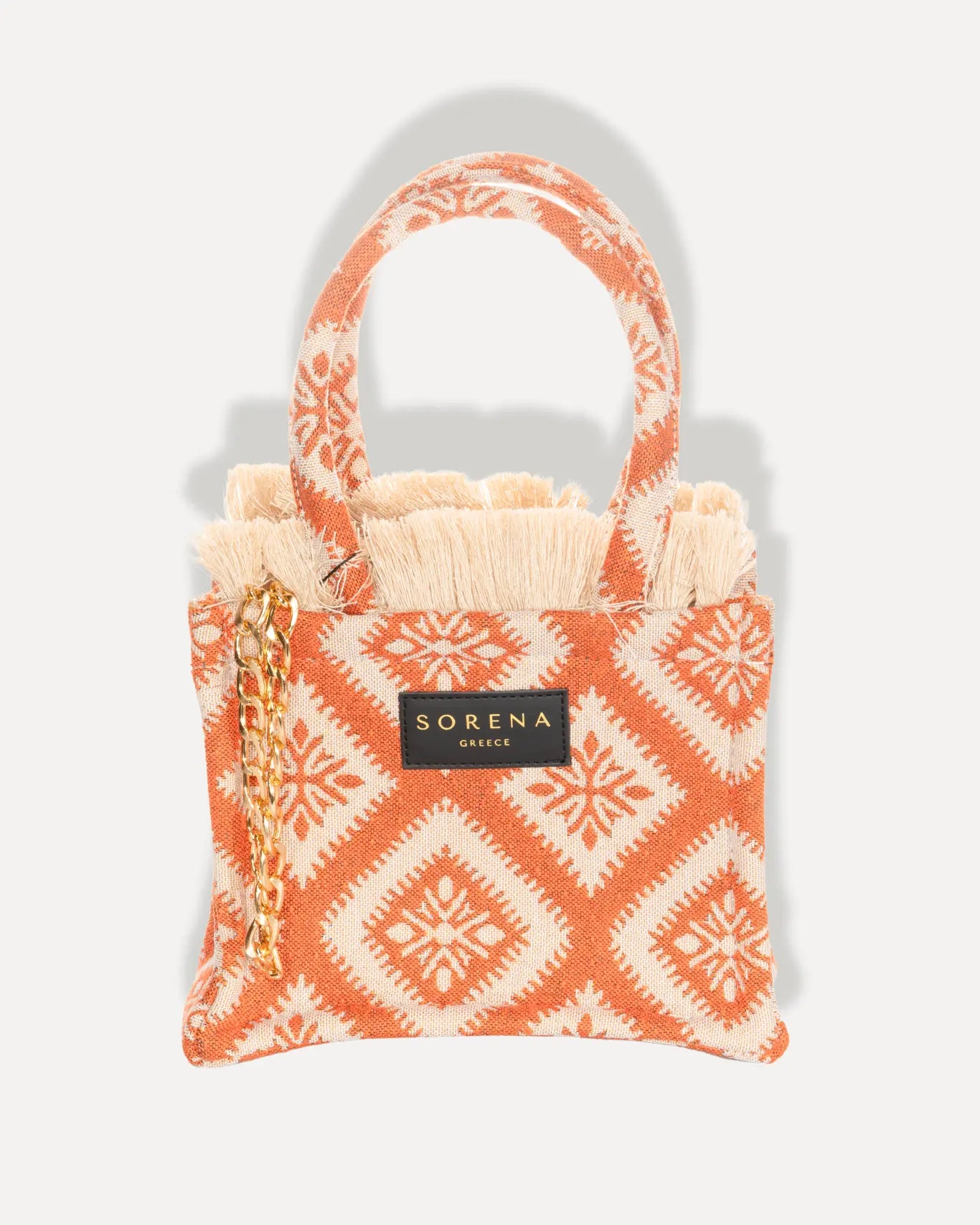 Sorena Greece Kasteli Mini Tote Bag Jacquard Gewebe Tangerine Orange Ivory, kleine handgefertigte Tasche Griechenland, kompakter Shopper