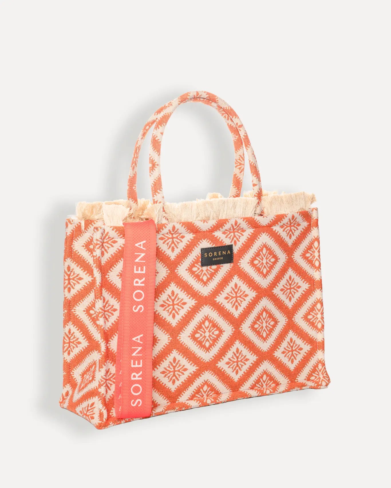 Rechte Seite der Kasteli Large Tote Bag Sorena Greece, oranges Jacquard Muster auf hellem Grund, handgefertigte Tasche Griechenland Sommer