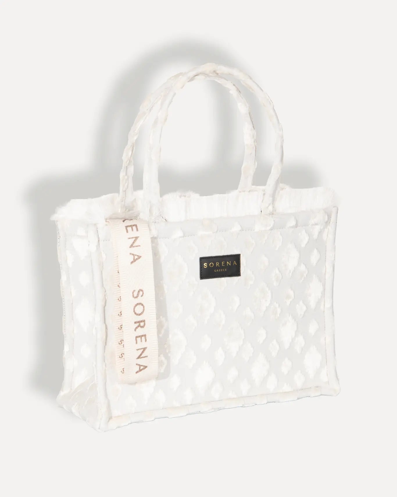 Rechte Seite Milos Medium Tote Bag Sorena Greece, Creme Bouclé taktile Oberfläche handgefertigter Shopper Cycladitissa.