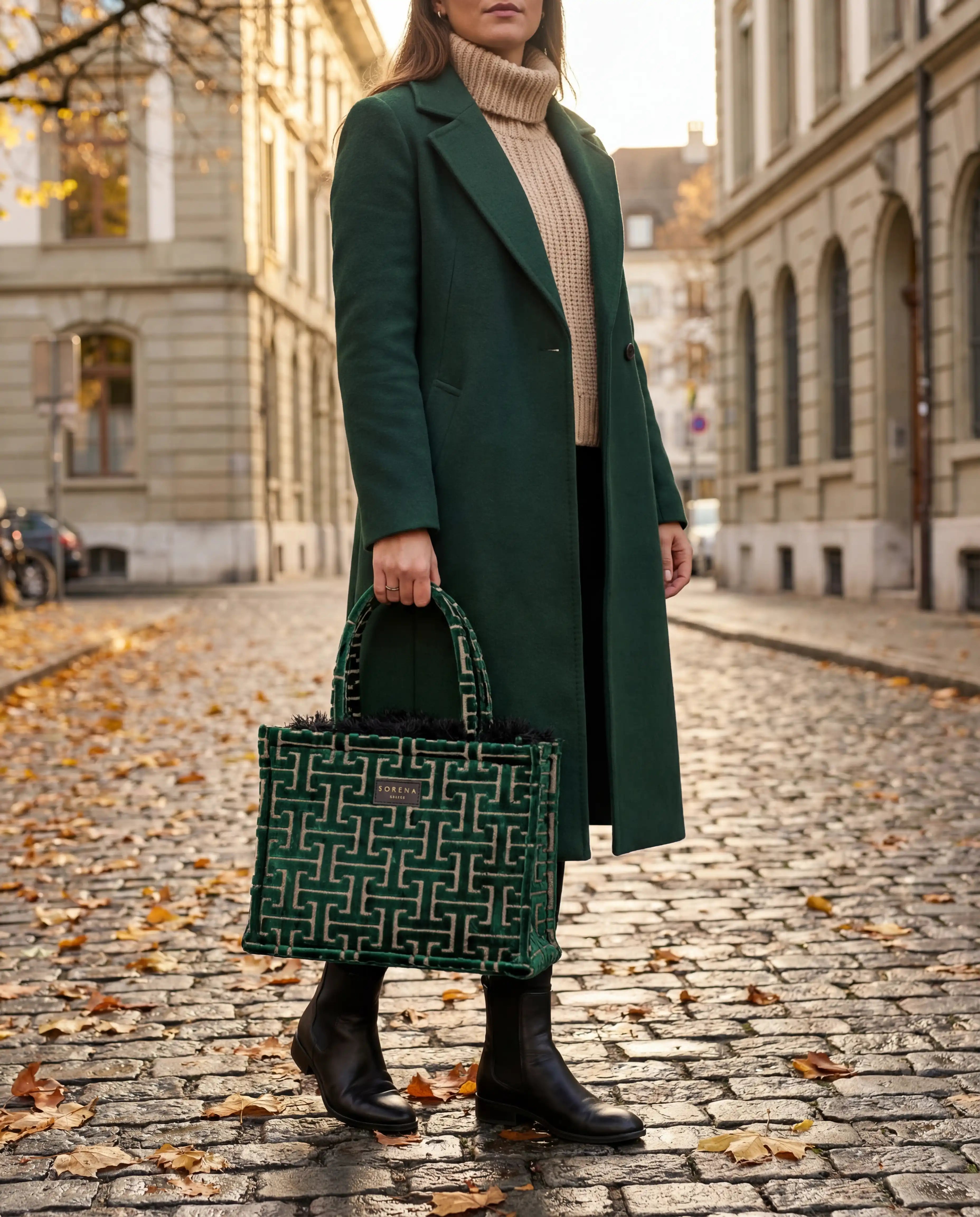 Model hält die Shopper Tasche in Grün von Sorena Greece