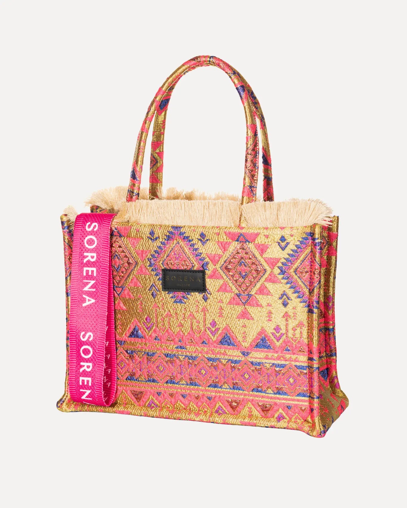 Linke Seite Nisiotissa Medium Tote Bag Sorena Greece, mittelgroßer Shopper Inselstimmung Gewebe lebhafte Farben handgefertigt.