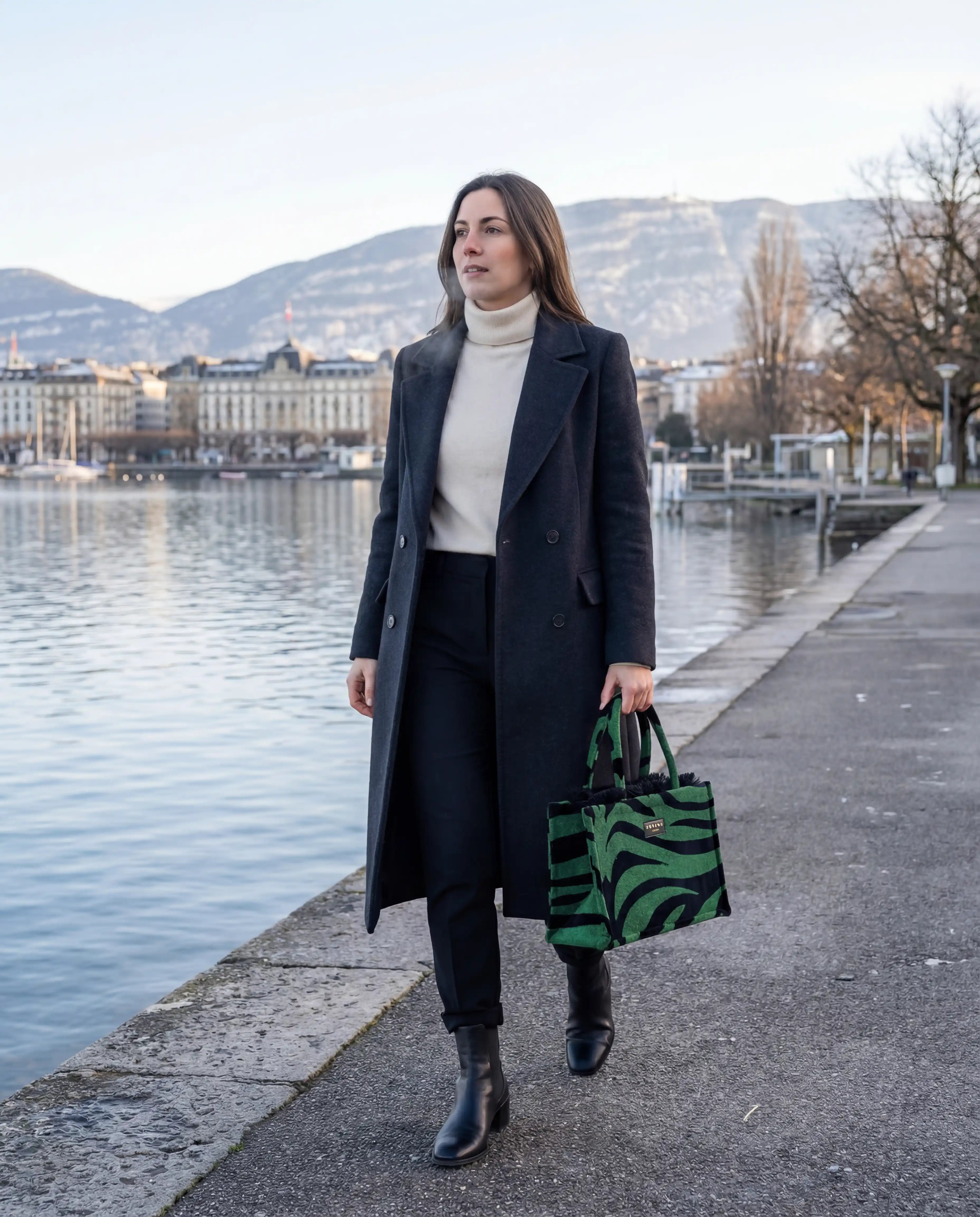 Model läuft mit handgemachter Sorena Greece Tasche neben dem Zürchersee