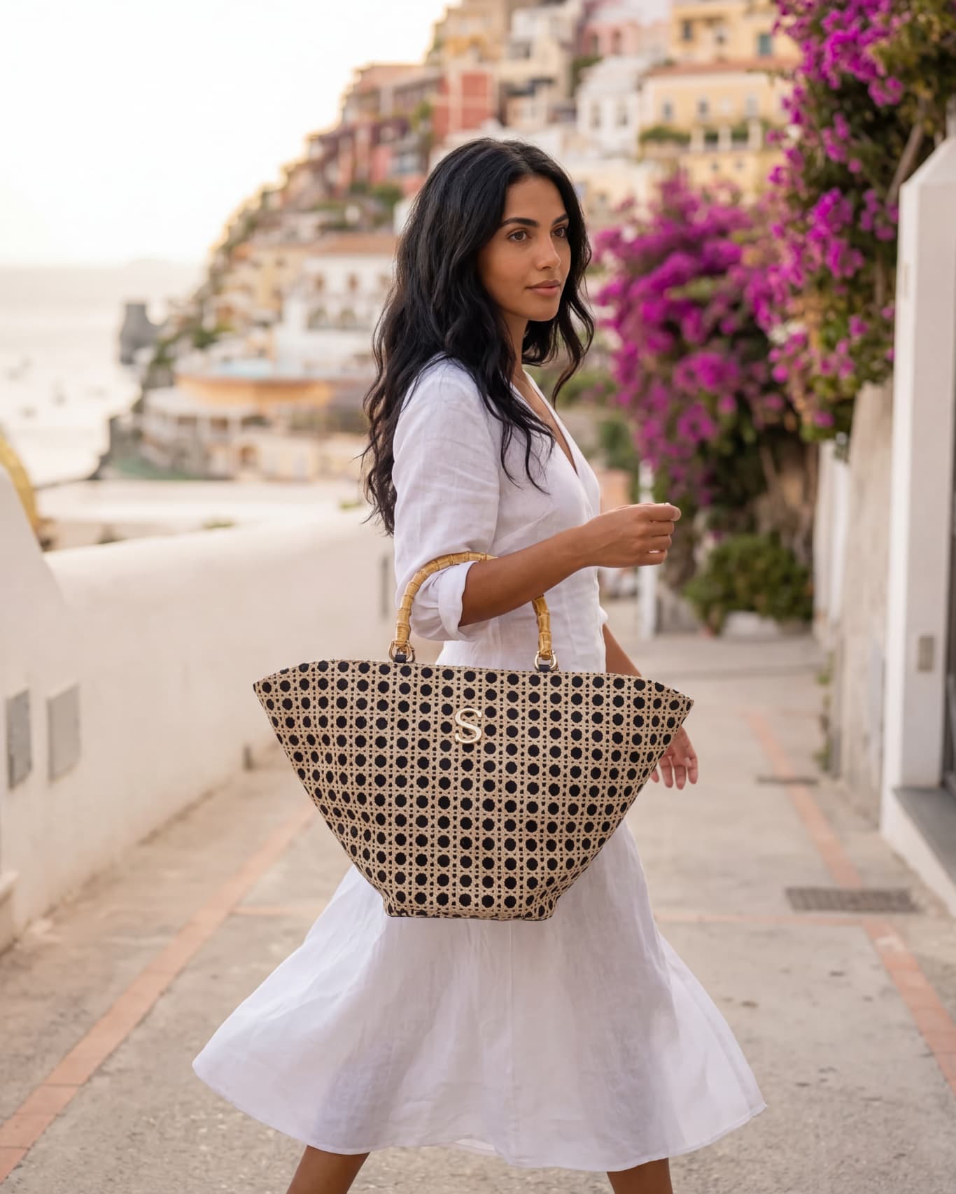 Positano Medium Basket Bag natur schwarz Häkel Bambus handgewebt Sorena Griechenland vegan Korbtasche 70x36cm SIMORA Schweiz