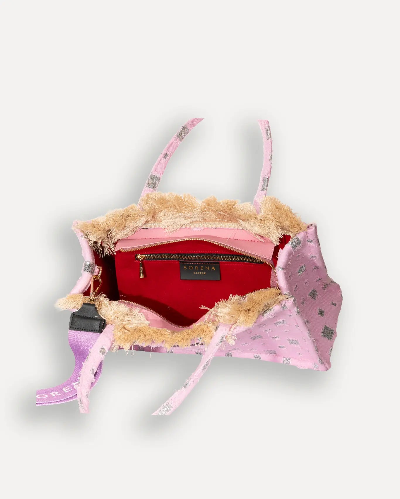 Innenansicht Rozalia Medium Tote Bag Sorena Greece, geräumiges Hauptfach Innentasche veganer Shopper Rosa Griechenland.