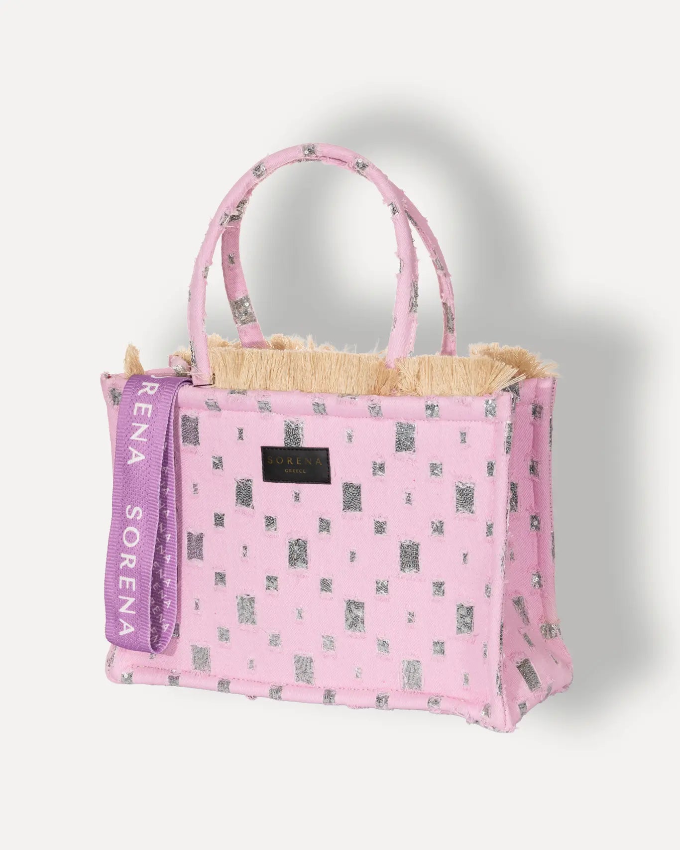 Linke Seite Rozalia Medium Tote Bag Sorena Greece, zartrosa Canvas mit schimmernden Metallic Einwebungen breite Griffe Shopper.