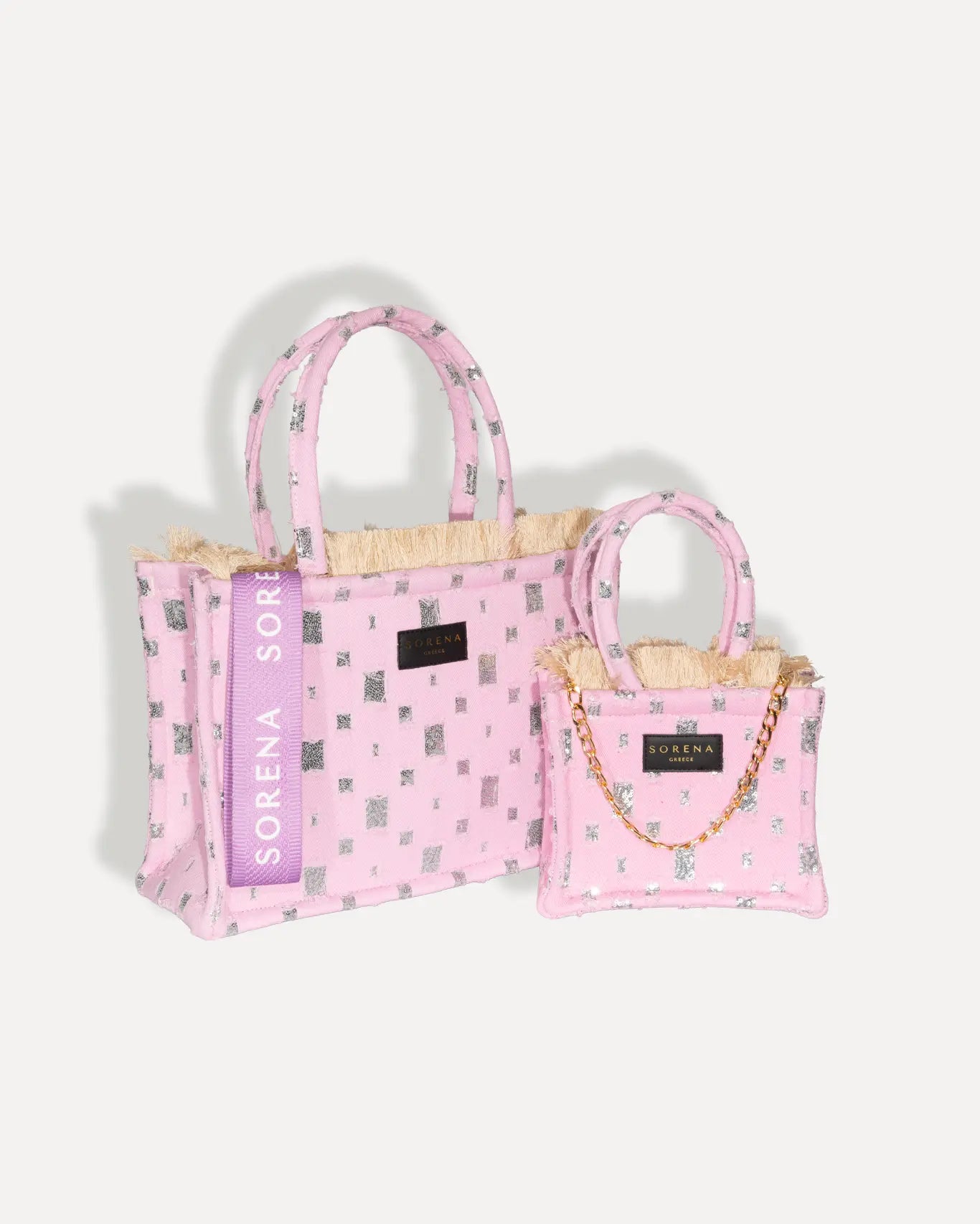 Sorena Greece Rozalia Mini Tote Bag zartrosa Canvas mit metallischen Schimmer Akzenten zusammen mit der passenden Medium Tote Bag, kleine und mittlere handgefertigte Sommertasche Griechenland