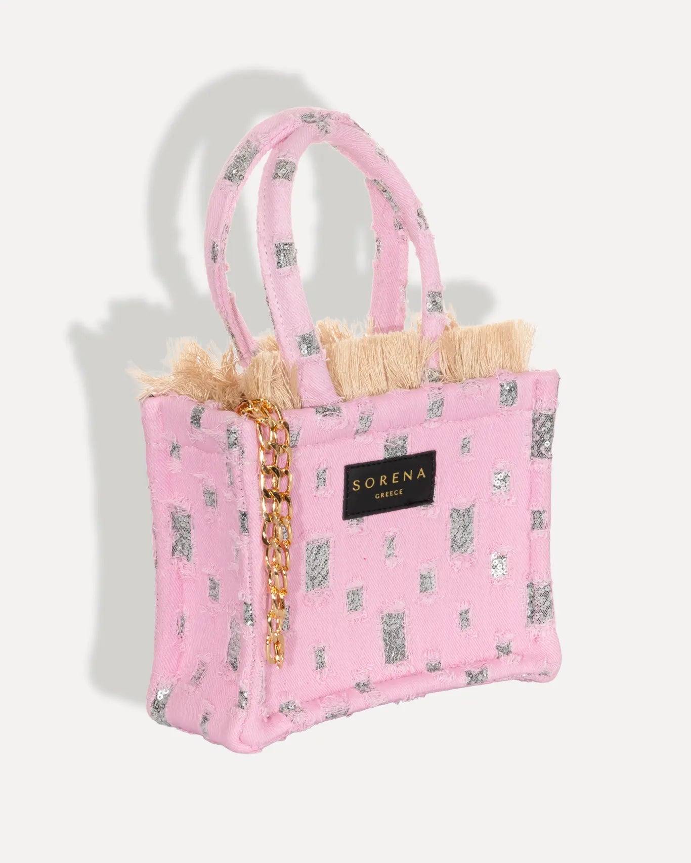 Rechte Seite Rozalia Mini Tote Bag Sorena Greece, Rosa Canvas metallischer Schimmer kleiner Sommershopper griechisches Handwerk