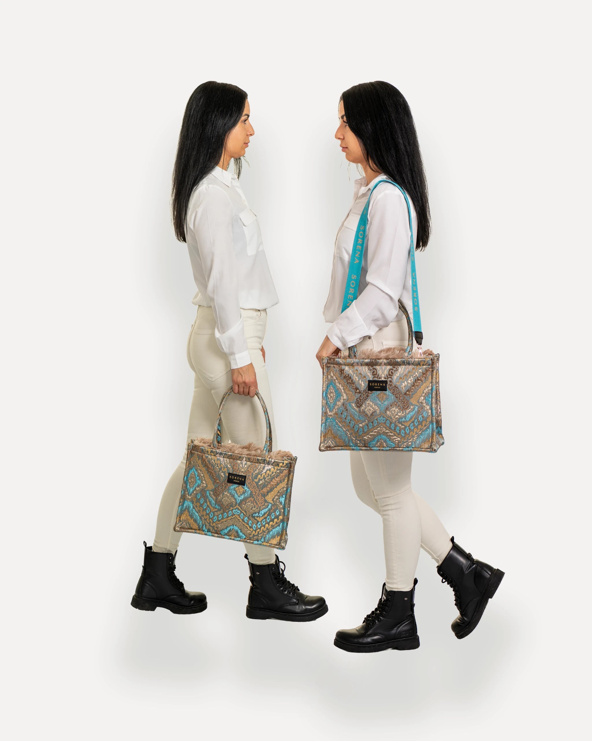 Sorena Greece Tote Bag in zentraler Pose – große tote bag mit Federlook und Branding, perfekte handtasche beige-braun für Dinner & City, sorena greece bag kaufen schweiz.