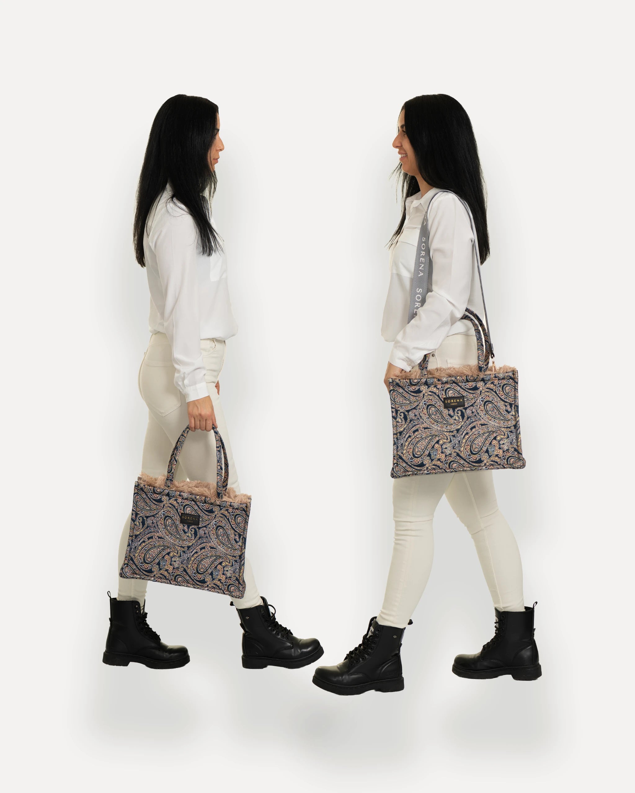 Sorena Classic Tote Bag in zentraler Pose – große tote bag mit Label und Branding, perfekte handtasche blau für Dinner & City, sorena greece bag kaufen schweiz.