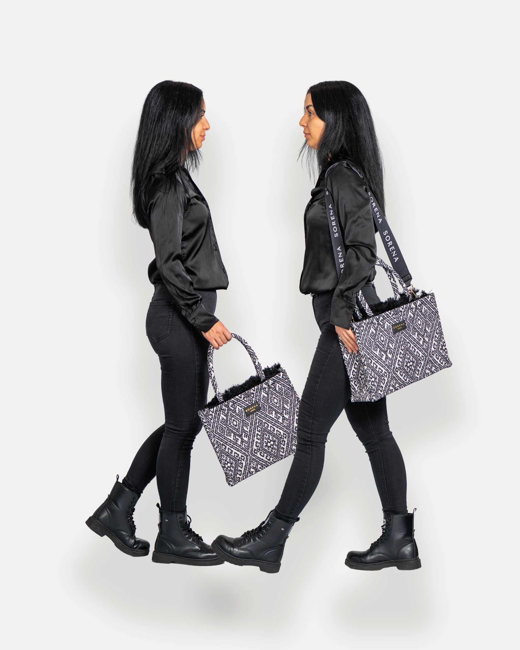 Sorena Greece Tote Bag in zentraler Pose – große tote bag mit Fransen, Label und Branding, perfekte handtasche für Dinner & City, sorena greece bag kaufen schweiz.