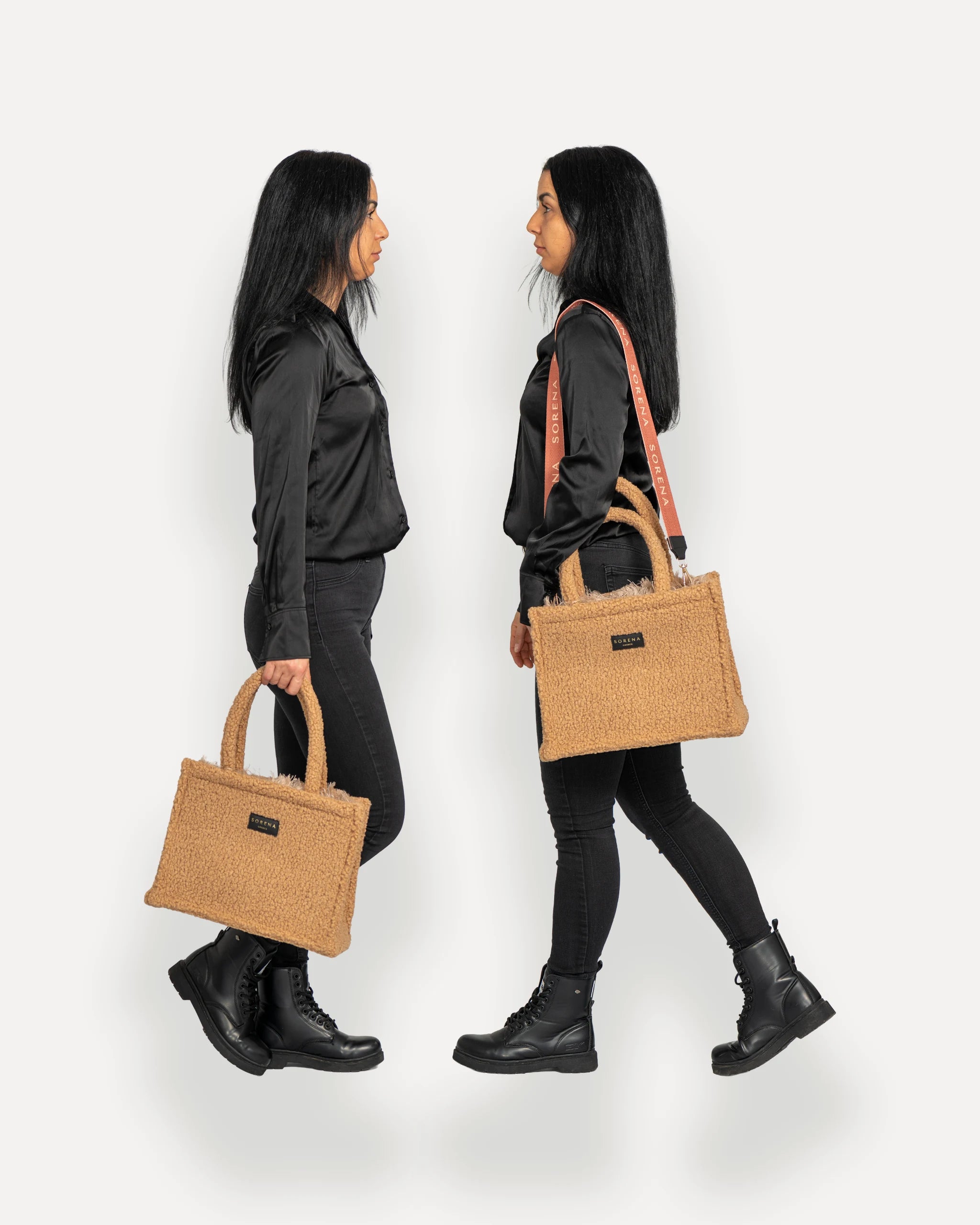 Sorena Greece Tote Bag in zentraler Pose – große tote bag mit Label und Branding, perfekte kuschelige handtasche für Dinner & City, sorena greece bag kaufen schweiz.