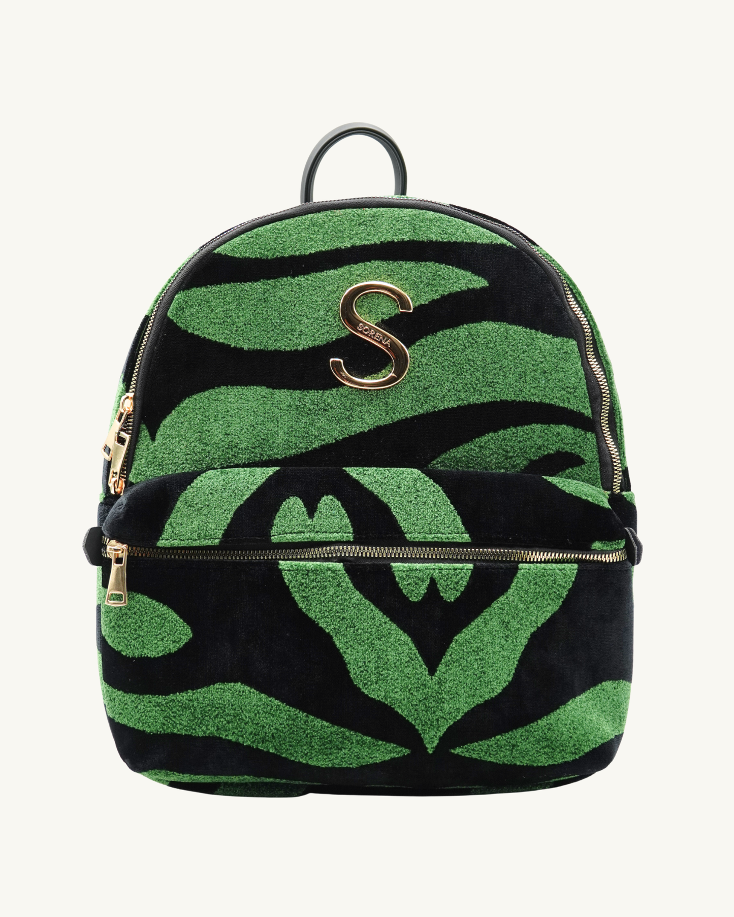 Handgemachter SORENA-Rucksack in grün-schwarz-gold mit goldenen Zippern – nachhaltiges Design exklusiv bei SIMORA.