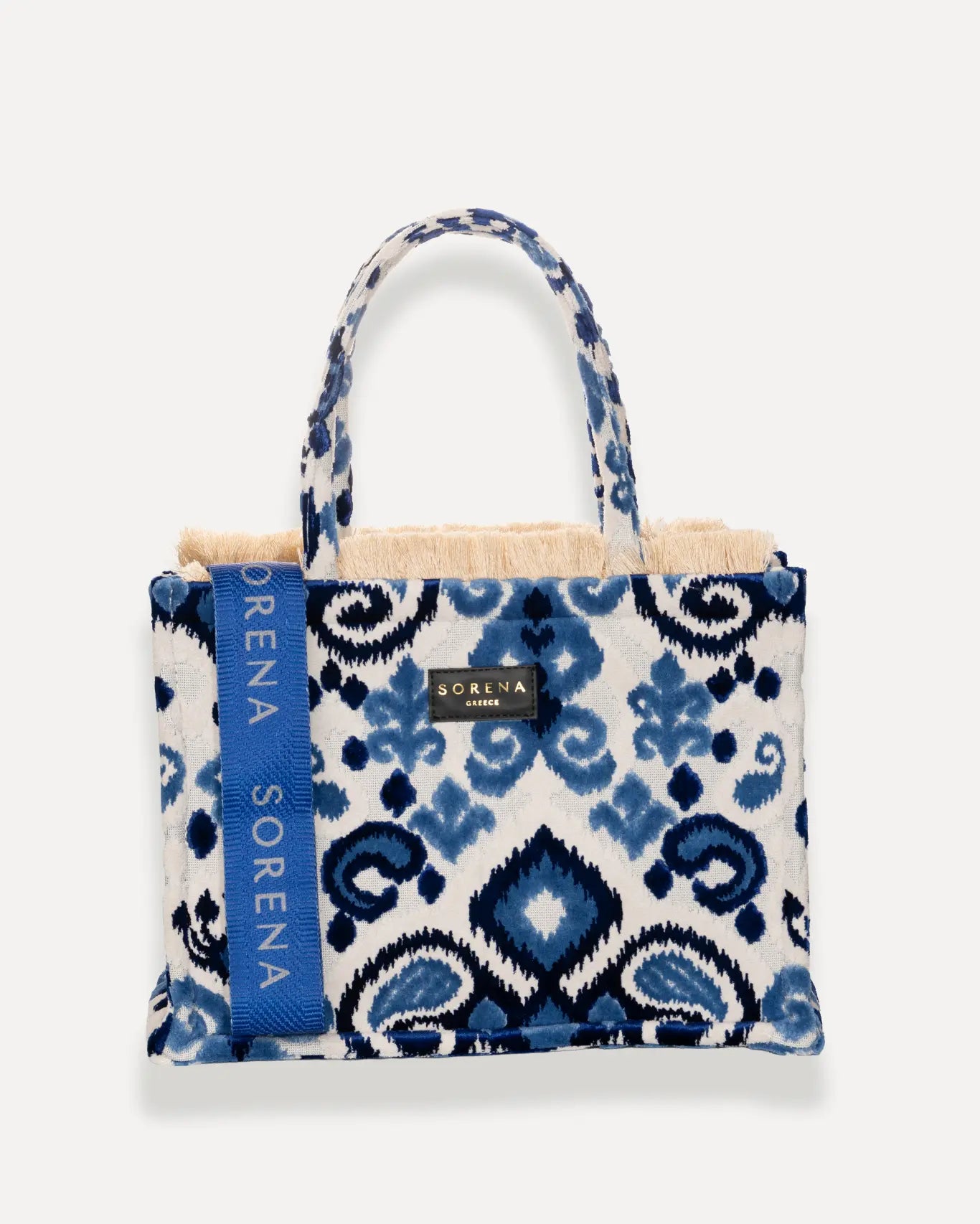 Sorena Greece Thalassa Medium Tote Bag aus luxuriösem Samt in Kobaltblau Marineblau Ivory Ikat Muster, handgefertigter Shopper Meer inspiriert.