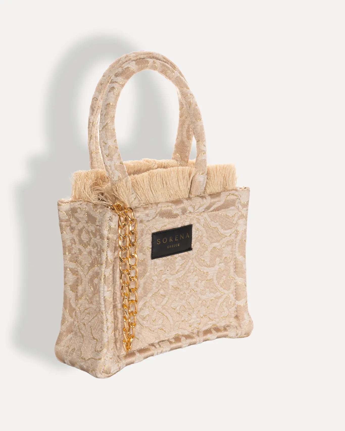 Rechte Seite Theros Mini Tote Bag Sorena Greece, strukturiertes Gewebe goldene Details kleiner Sommershopper Griechenland