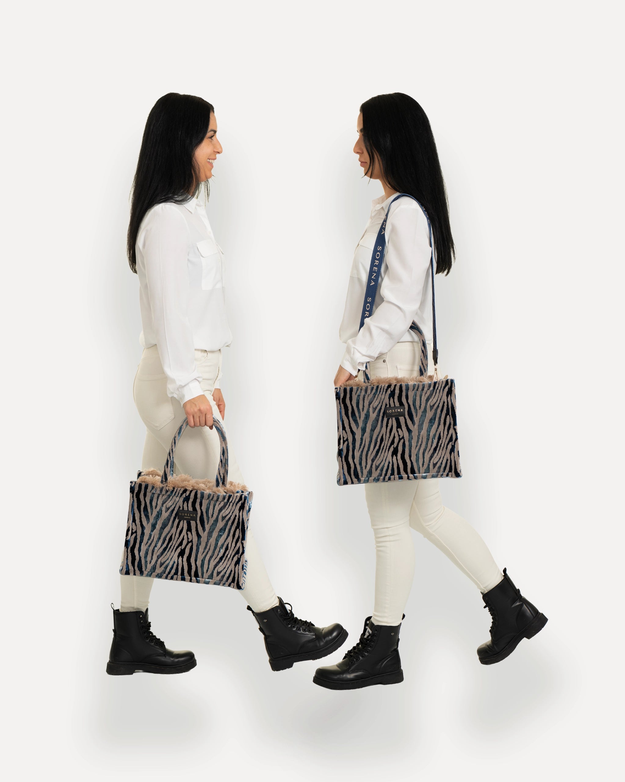 Sorena Greece Tote Bag in zentraler Pose – große tote bag mit Animalprint, Branding und Teddy-Fellrand, perfekte handtasche für Dinner & City, sorena greece bag kaufen schweiz.