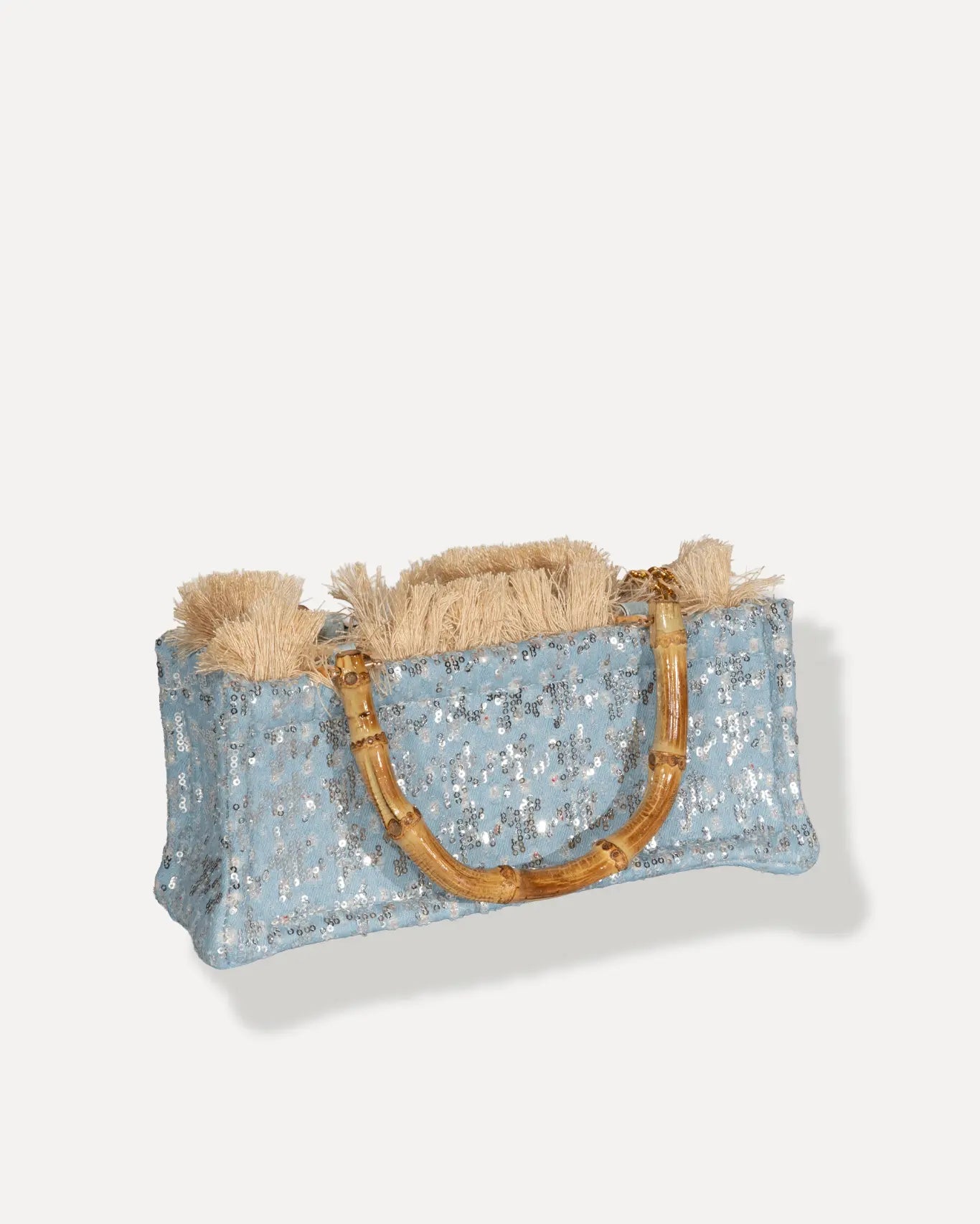 Rückseite Tritiani Mini Bamboo Tote Bag Sorena Greece, mini Bamboo Pailletten Shopper Rückseite silberner Schimmer handgefertigt