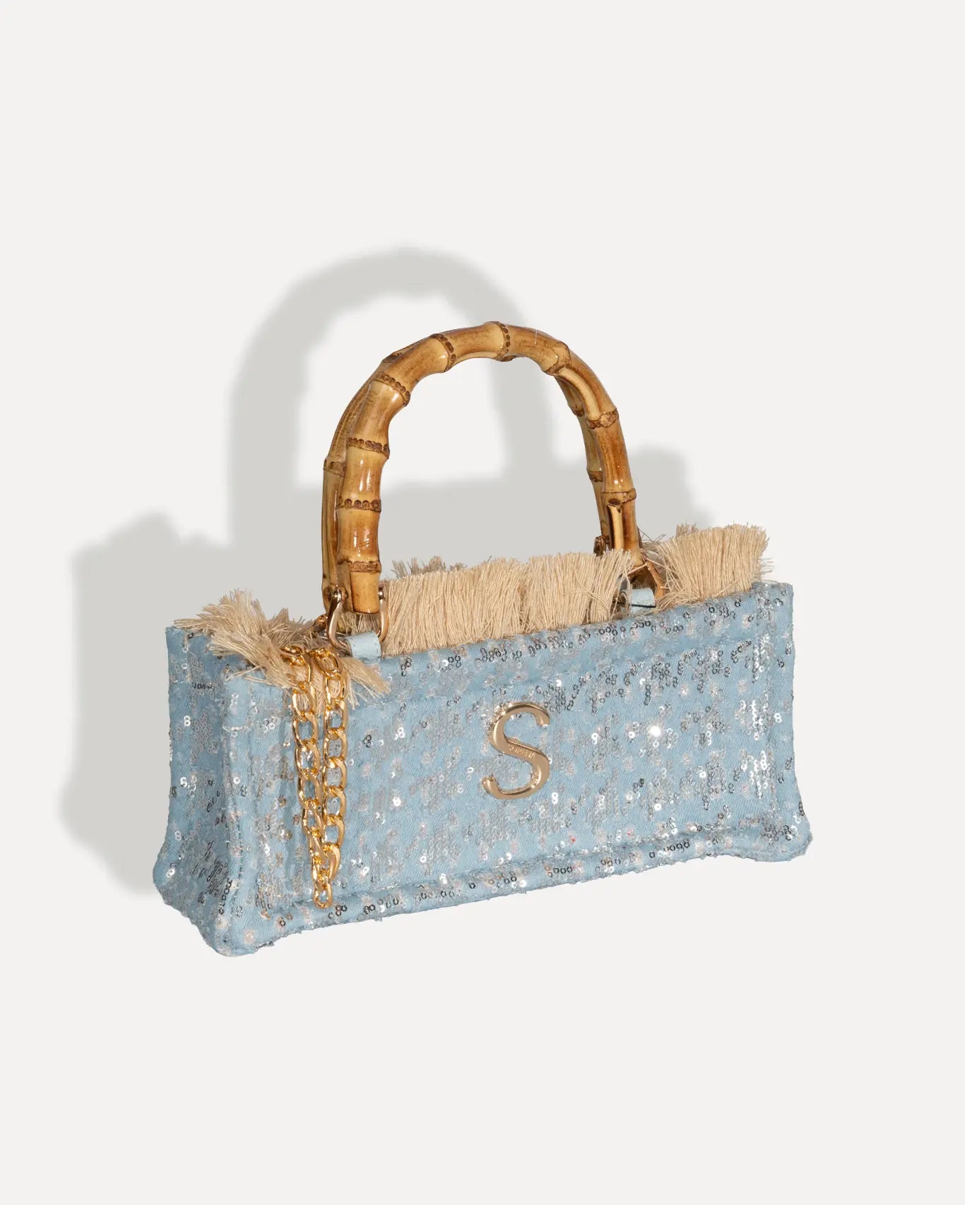 Rechte Seite Tritiani Mini Bamboo Tote Bag Sorena Greece, Bamboo Griff Naturton irisierendes Pailletten Gewebe mini Shopper Griechenland
