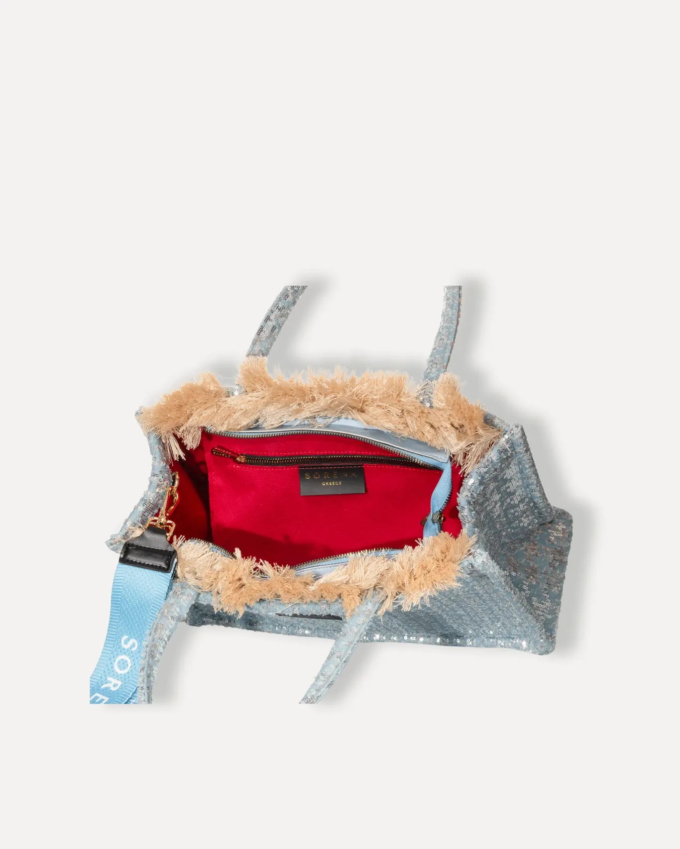 Innenansicht Tritiani Medium Tote Bag Sorena Greece, Innenfach Pailletten Shopper vegane Qualität handgefertigt Griechenland.