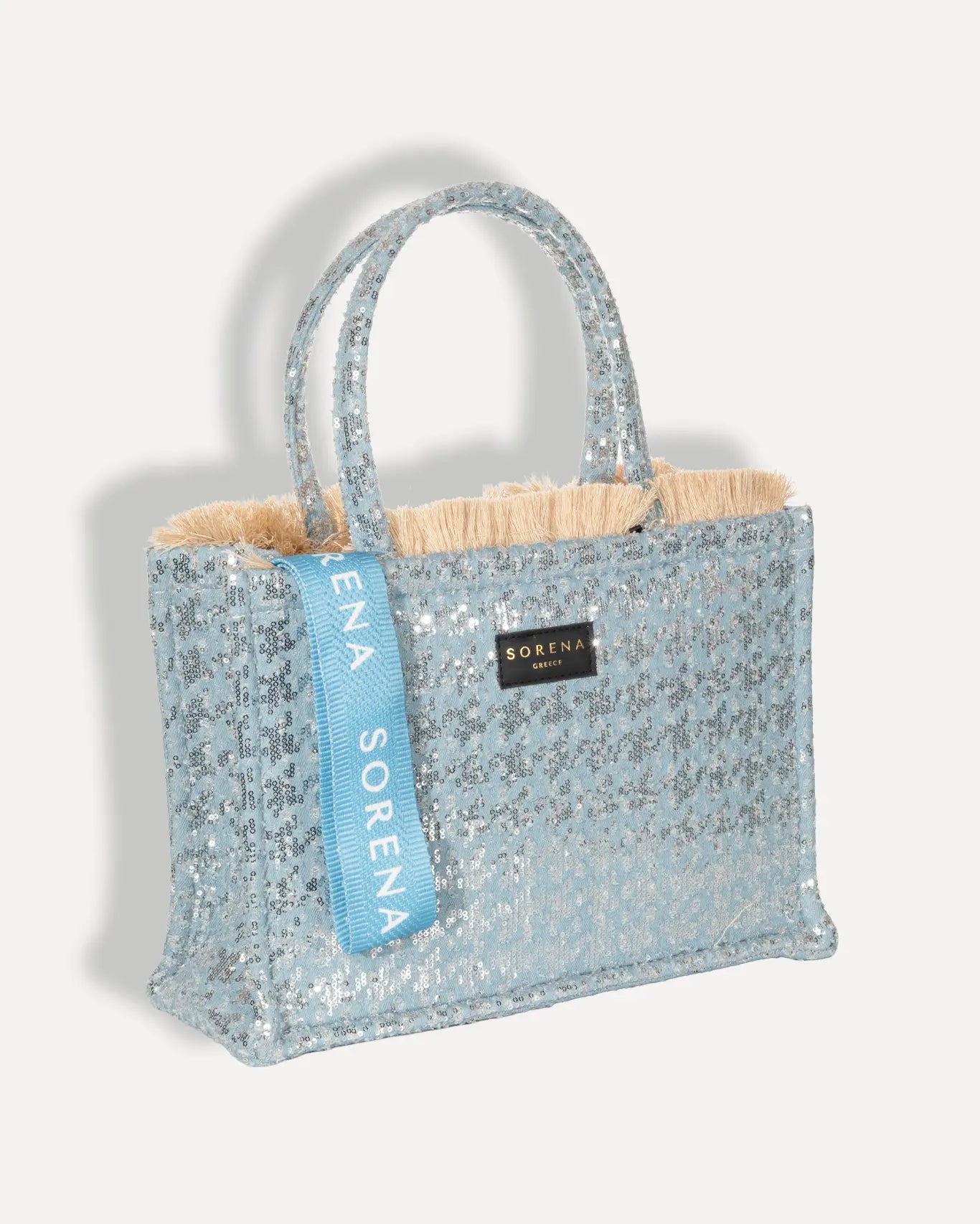 Rechte Seite Tritiani Medium Tote Bag Sorena Greece, Jean Jacquard Micro Pailletten Silber irisierend Glitzereffekt Shopper Griechenland.