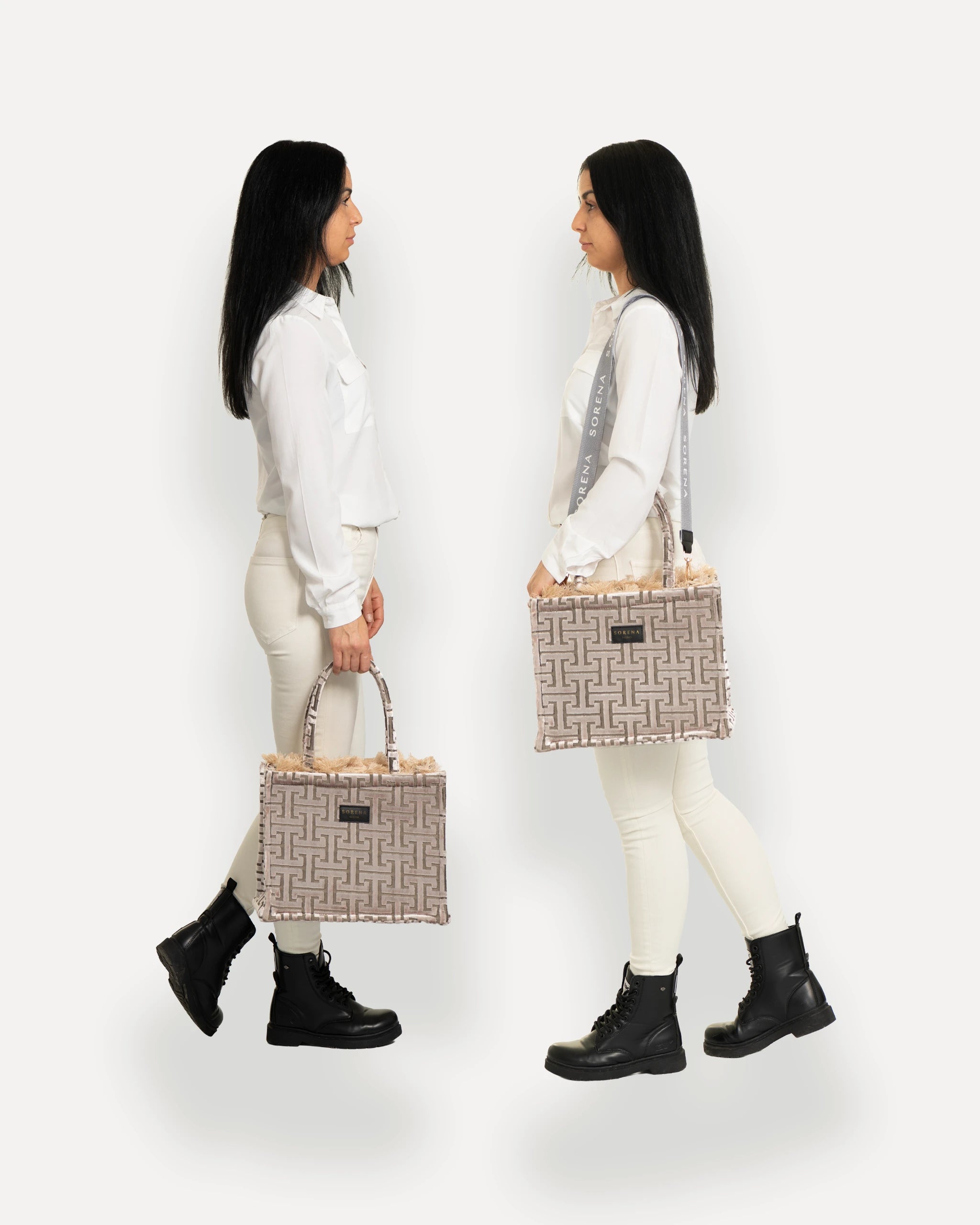 Sorena Greece Tote Bag in zentraler Pose – große tote bag mit Label und Branding, perfekte kuschelige handtasche für Dinner & City, sorena greece bag kaufen schweiz.