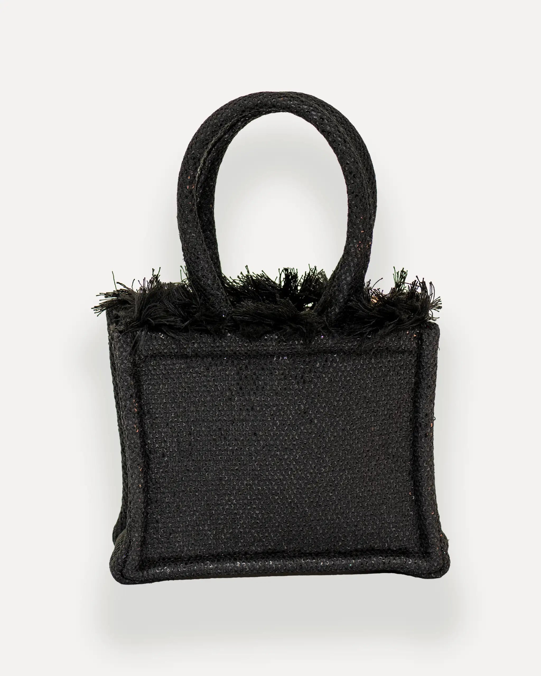 Rückansicht der Sorena Greece Mini Tote Bag – elegante kleine Umhängetasche für Damen mit glitzernder Oberfläche und goldener Kette, ideal als crossbody bag für stilvolle Looks in der Schweiz.