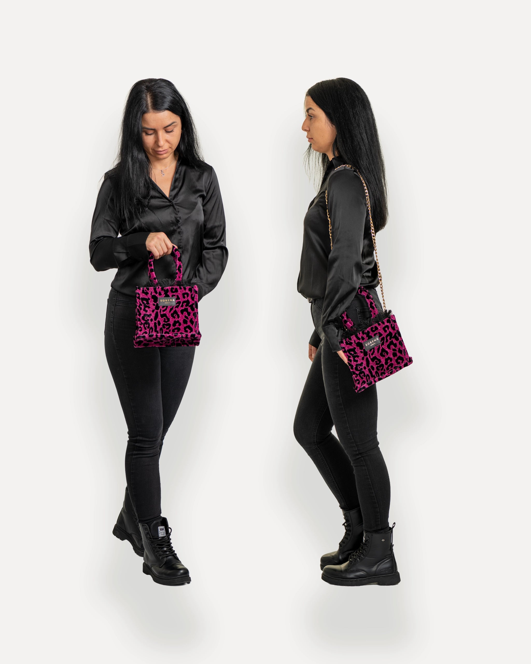 Sorena Greece Mini Bag in zentraler Pose – handgemachte mini tote bag mit goldener Kette, crossbody bag für Damen, perfekte kleine handtasche für Dinner & City, sorena greece bag kaufen schweiz.