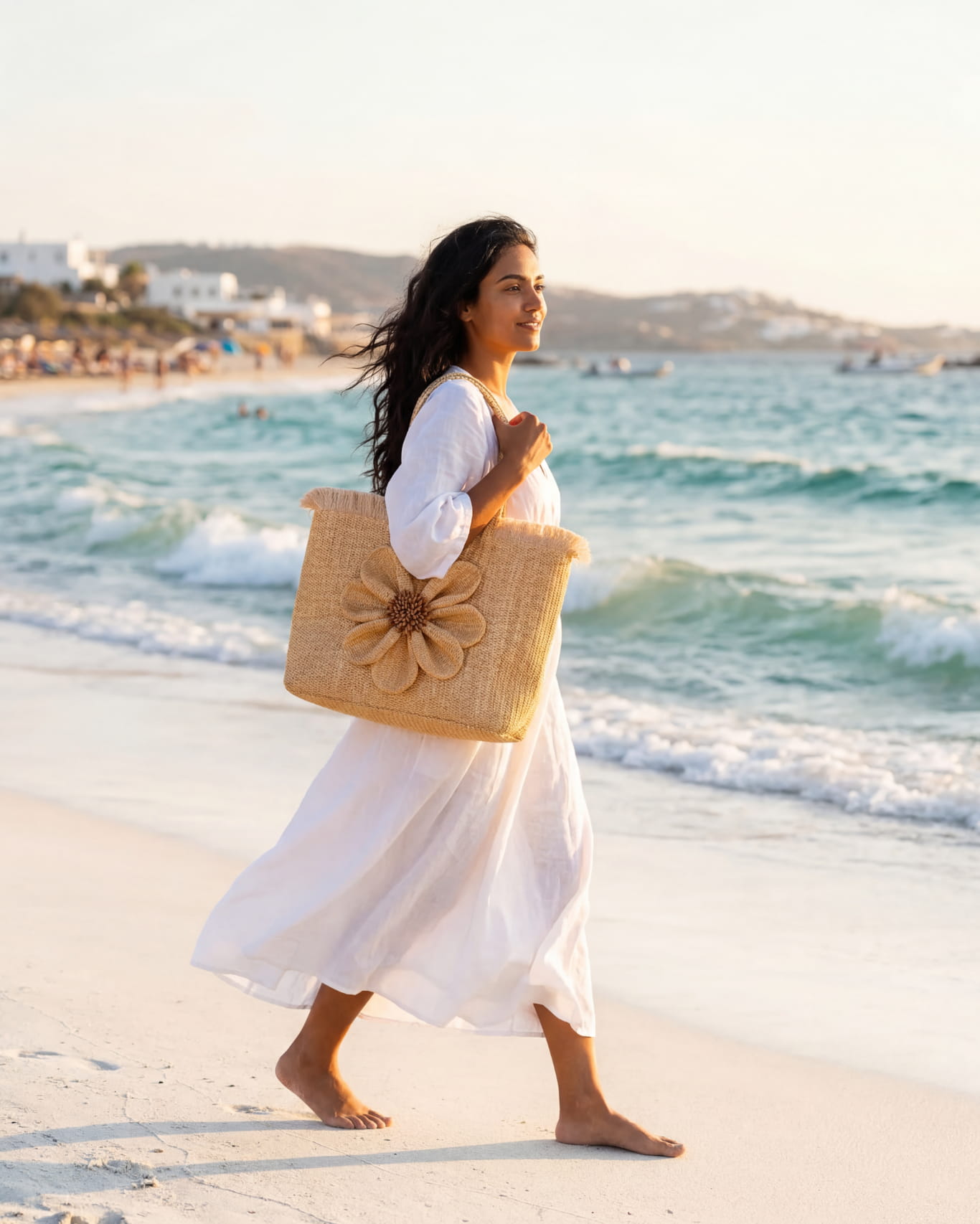 Falbala Strandtasche sand Stroh Blume Fransen XXL handgewebt Sorena Griechenland vegan Beach Bag Sommer SIMORA Schweiz